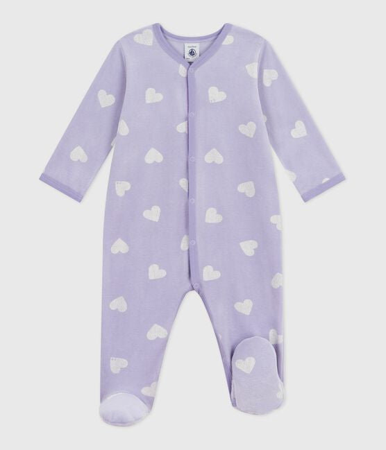 Pyjama met voetjes lila met hartjes